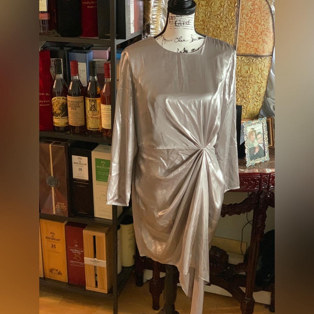 Bardot size L silver draped long sleeve dress.